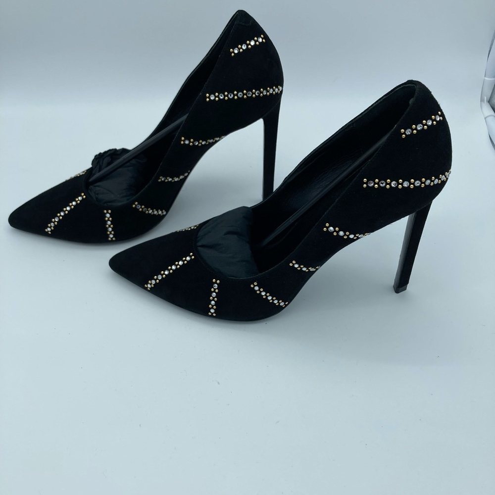LIKE NEW CELINE SHARP SEUDE STUDDED CRYSTAL ACCENTS PUMPS HEELS 37 - Picture 4 of 8